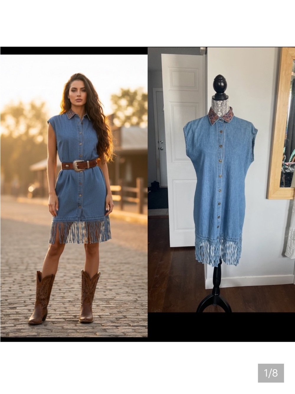 Vintage Western 100% Cotton Tassel Fringe Button Up Shirt Dress. Small/Medium
